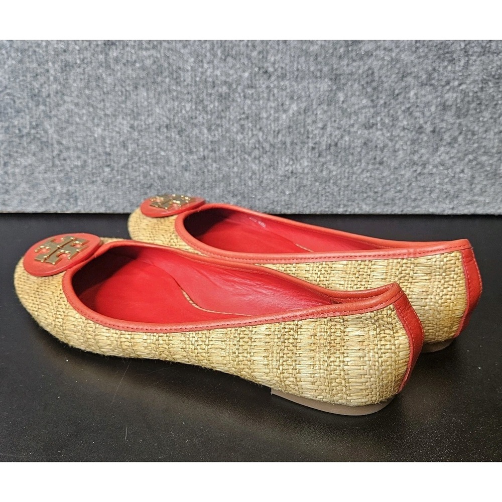 Tory Burch Reva Woven Raffia Ballet Flats Size 11 Double T Logo Red Trim - Picture 2 of 9